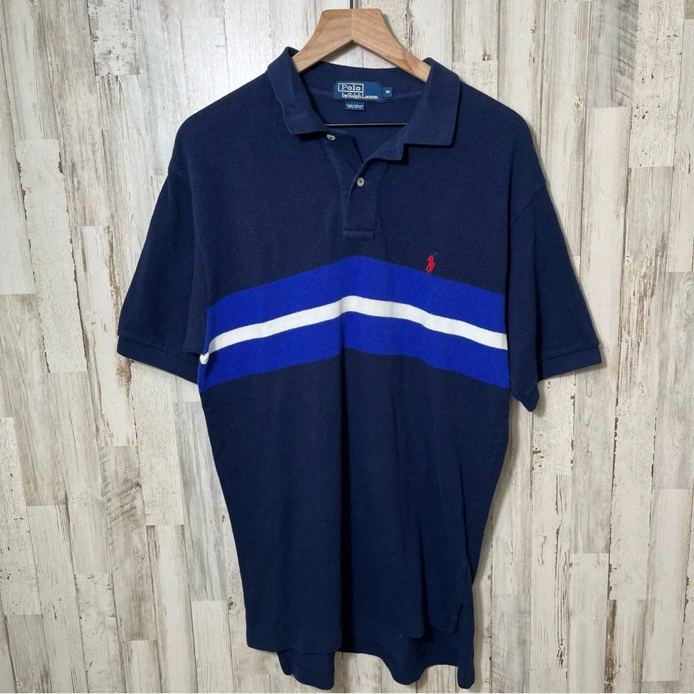 Vintage Polo Ralph Lauren Navy Stripe Short Sleeve Knit‎ Polo Shirt Mens Medium